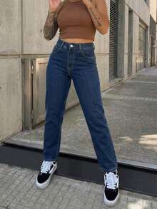 女士休闲修身牛仔裤，长款，蓝色，拉链闭合，无弹力面料 - 藍色 - 查看 1