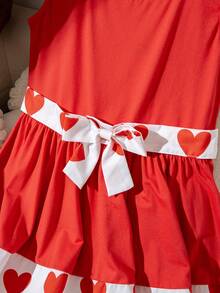 1pc Fashionable & Cute Heart Pattern Dress, Contrast Color Design, Bow Decor, Soft & Comfortable, Suitable For Vacation, Outdoor Activities, School, Vacation, Party, Valentine's Day Gift, Any Occasion, Summer - Red - View 7