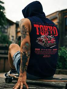 1件男士无袖印花连帽休闲运动背心，夏季 - 藏蓝色 - 查看 1