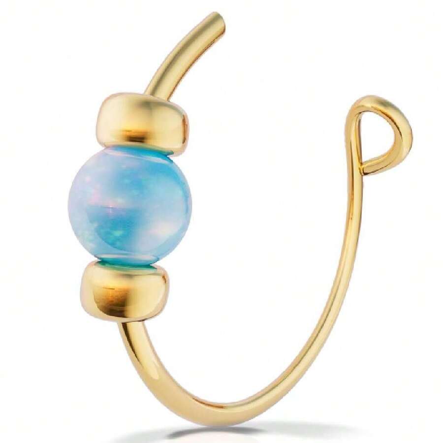 Gold Clip On Nose Ring - Hanade 14k Gold Fake Nose Ring With A 2 Blue Opal - Hypoallergenic 7 Thin 24 Guage Gold Faux Piercing Hoop,39702590 - Blue - View 1