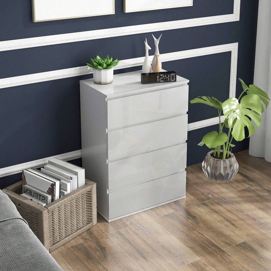 High Gloss Chest Of Drawers, Modern Storage Drawer Unit With Soft Closing Mechanism For Bedroom - White - View 1