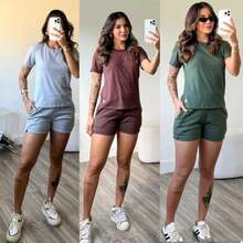 kit 3 conjunto feminino short feminino de moletom camiseta básica feminina blusa mais short de bolso blusa gola o - Preto.nude.off - Visão 5