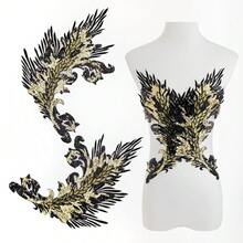 [Free Shipping]Silvora Pair Embroidery Phoenix Costume Sequin Appliques Patches, Peacock Feather Tail Applique Embellishments For Dance Dresses,Clothes,T-Shirt,Neckline Bodice Pants (Black) - Black - 查看 1