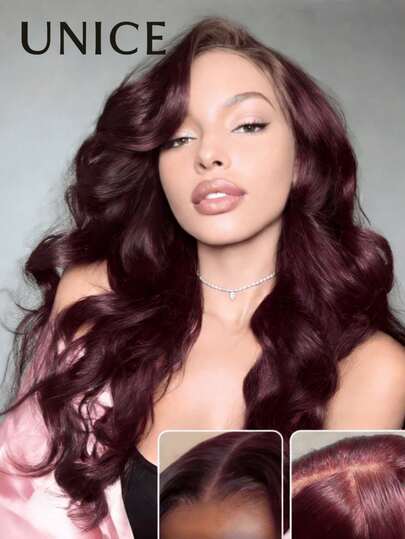 Perucă 100% păr uman Bye Bye Knots™ cu șnur Invisi, culoare mov, negru-cireș, ondulată, cu straturi de încadrare a feței, 7x5, închidere cu dantelă, pre-tăiată, pre-decolorată, pre-smulsă, fără lipici, gata de purtat, Unice Wigs