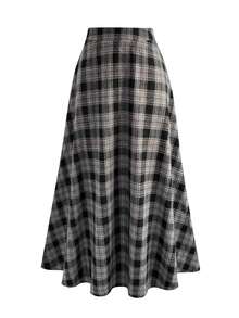 Chân váy maxi kẻ caro EARO Chic dành cho nữ, cạp cao, dáng chữ A, chất liệu len pha, thích hợp mặc đi làm. - Xám - Xem 2