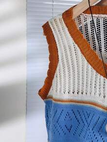蓝白橙撞色镂空针织背心，V领单排扣无袖开衫 春季 - 藍白色 - 查看 10