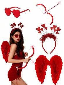 4pcs Cupid Valentine's Day Costume Set, Including Red Wings, Bow & Arrow, Headband And Glasses, Suitable For Holiday Role Play, Photo Props, Birthday Gifts, Romantic Decor, Special Nights, Anniversary Decor, Valentine's Day Party Supplies, Valentine's Day Costume Accessories, Unisex, Also Suitable For Singles Valentine's Day Party - Multicolor - View 2