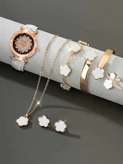 7pcs Black Starry Sky Quartz Digital Watch Set With 6pcs Lucky Flower Necklace, Bracelet, Ring, Earrings Jewelry Set, Suitable For Festivals, Parties, Weddings And Daily Wear, Can Be Given As Mother's Day Or Easter Gift