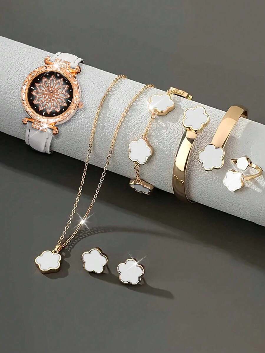 7件套黑色星空石英数字手表套装，搭配6件套幸运花项链、手链、戒指和耳环首饰，适合节日、派对、婚礼和日常佩戴，可作为母亲节或复活节礼物。 - 白色 - 查看 1