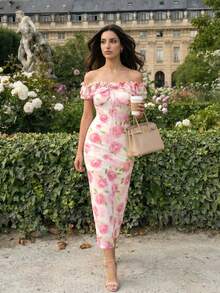 花卉荷叶边中长连衣裙 - 优雅的全身印花连衣裙，荷叶边下摆，适合女性，休闲可爱，是圣诞节和新年假日派对宾客的理想之选 - 彩色 - 查看 6