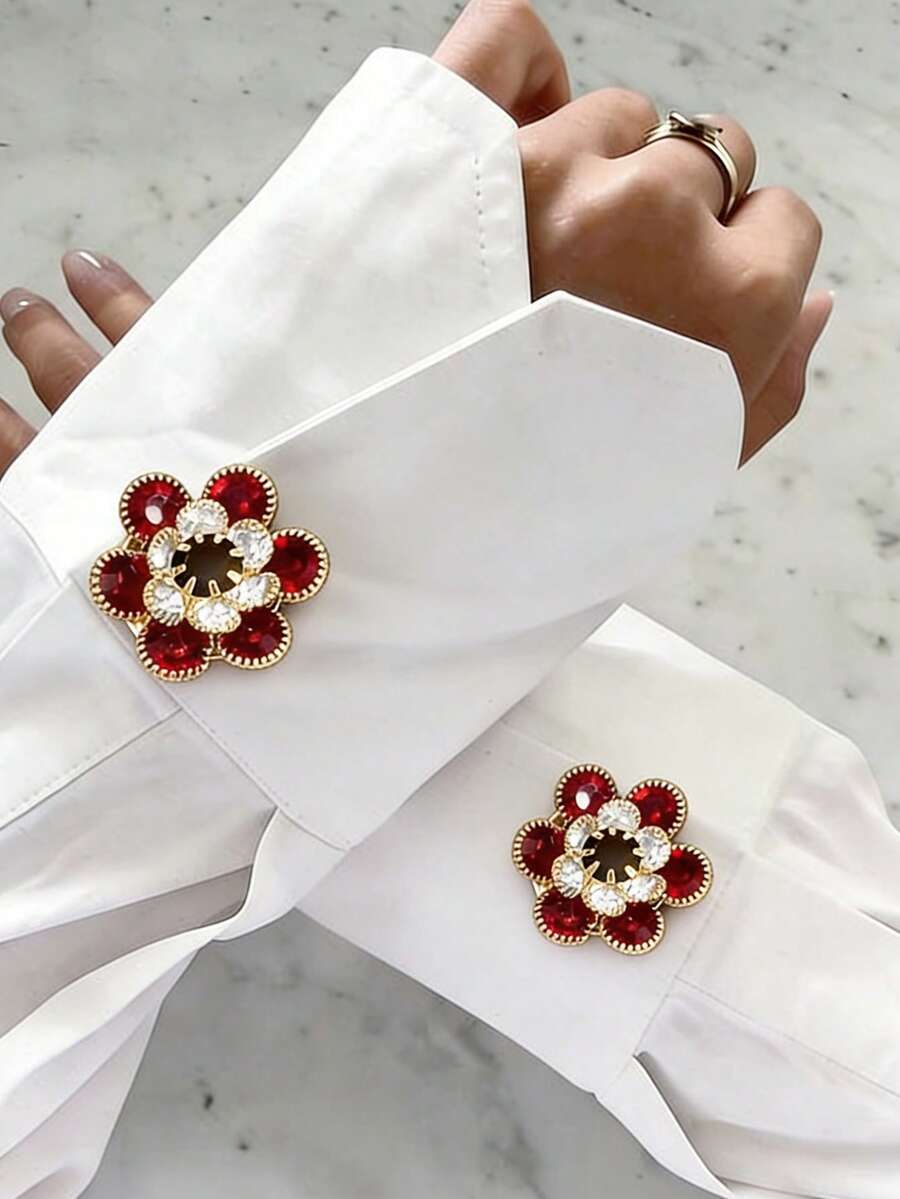 1件时尚简约奢华圆形水钻梅花袖扣，女士胸针纽扣套，时尚高端，龟扣，束口夹，领带夹，女士配饰，女士派对轻奢气质服装袖口套，适合日常佩戴，朋友礼物，爱人礼物，家人礼物