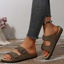 Womens Flats Sandals Adjustable Buckle Slippers Comfort Slides For Women Soft Flat Open Toe Summer Footwear Shoes - 深棕色 - 查看 6