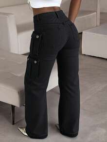 Damen High-Waist Straight Leg Jeans mit Taschen - klassisch Washed, bequeme Passform für den Alltag - Schwarz - Übersicht 6