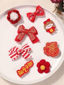 8个装女孩/青少年欧美风节日红色卡通组合发夹，中国新年吉祥设计 - 紅色 - 查看 3