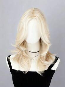 1pc 18-Inch Medium Length Curly Synthetic Wig, Lightweight Golden Color, Rose Net High-Temperature Fiber, High Density Basic Women Wig Suitable For Beginners - Blonde Highlight - View 4