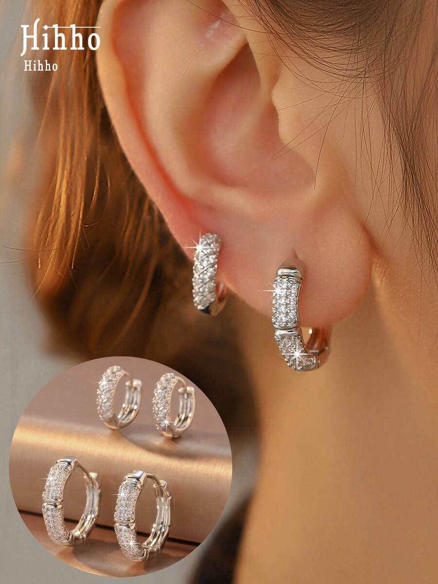Hihho 4pcs/Set Zirconia Inlaid Women's Earrings, Shiny & Elegant Stud Earrings + 1 Plated Silver Classic Hoop Earrings Combo Set