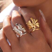 2pcs/1pc Minimalist 18K Gold Plated Stainless Steel Ginkgo Leaf Rings, Can Be Stacked With Other Rings, Women's Jewelry, Fashionable Accessories Suitable For Daily Wear Or As Gifts, Also Suitable For Parties, Holidays And Everyday Wear. - Multicolor - View 2