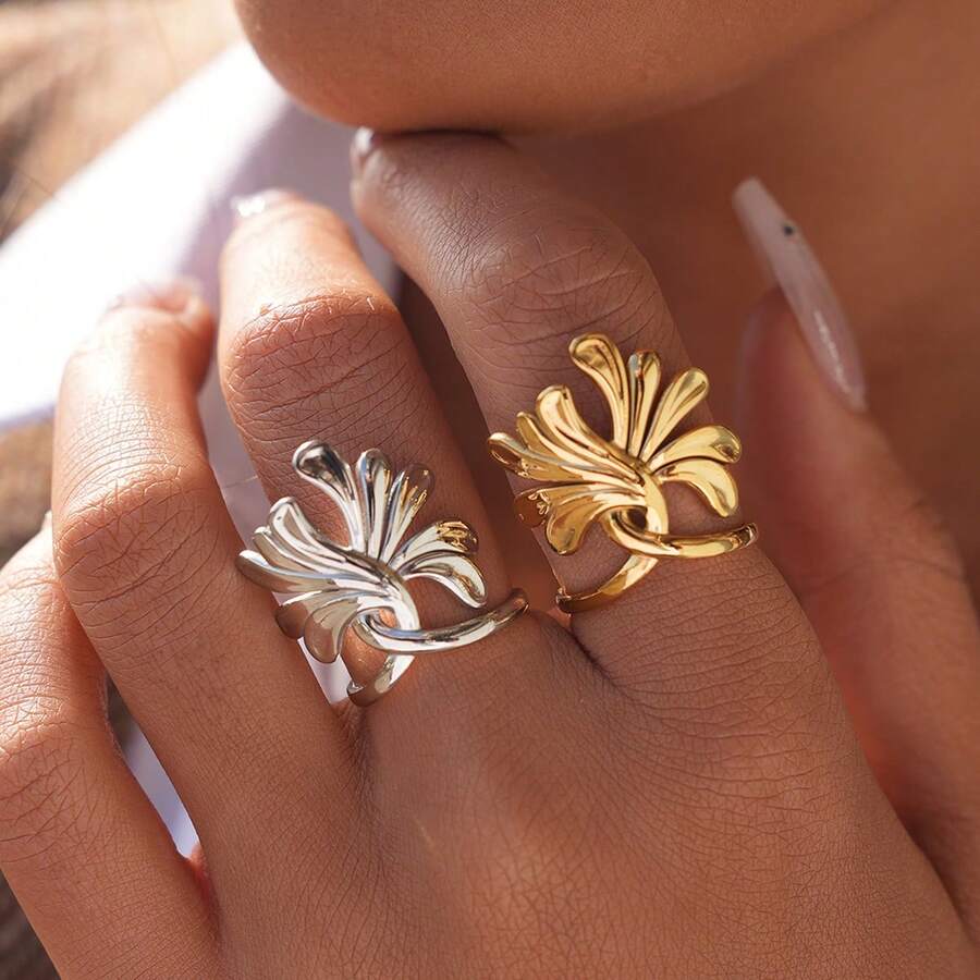2pcs/1pc Minimalist 18K Gold Plated Stainless Steel Ginkgo Leaf Rings, Can Be Stacked With Other Rings, Women's Jewelry, Fashionable Accessories Suitable For Daily Wear Or As Gifts, Also Suitable For Parties, Holidays And Everyday Wear.