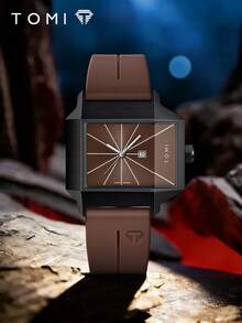 TOMI 1 chiếc đồng hồ nam vuông thiết kế Nhật Bản chất lượng cao, bền chắc, vỏ màu đen mờ, dây đeo silicon màu nâu, mặt số rạng rỡ, phù hợp cho sinh hoạt hàng ngày, đi làm, kỳ nghỉ, làm quà tặng, tựu trường, Halloween, Ngày Valentine, Giáng sinh, cuối năm. - màu nâu - Xem 1