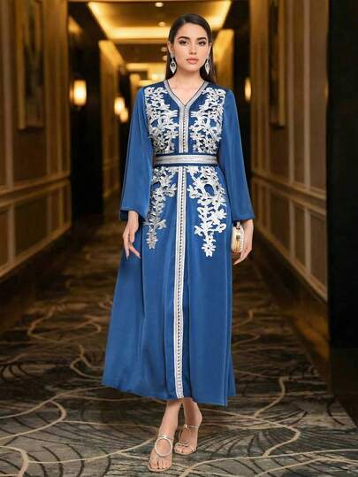 Women's Elegant Long Sleeve V-Neck Arabic Style Woven Fabric Dress, Decorated With Applique And Belt Details