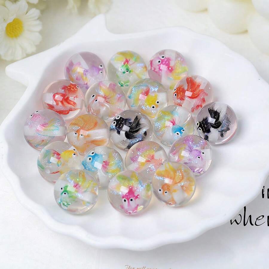 5/10颗16毫米小金鱼串珠，内嵌锦鲤，直孔圆珠，手工树脂散珠，DIY饰品配件