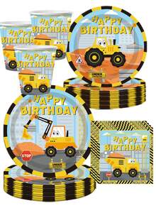 50 piezas Juego de suministros para fiesta de cumpleaños con tema de vehículos de construcción - Platos, vasos y servilletas desechables de papel con patrón de excavadora amarilla y volquete | Fiesta de cumpleaños infantil con tema de construcción, reunión con tema de vehículos y celebración de estilo de ingeniería | Decoraciones de "Feliz cumpleaños" y logotipo de construcción, adecuado para recuerdos de fiesta infantil, decoraciones de fiesta familiar y celebraciones - Multicolor - Ver 1