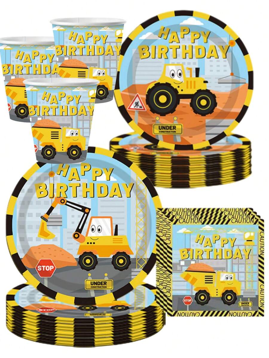 50 piezas Juego de suministros para fiesta de cumpleaños con tema de vehículos de construcción - Platos, vasos y servilletas desechables de papel con patrón de excavadora amarilla y volquete | Fiesta de cumpleaños infantil con tema de construcción, reunión con tema de vehículos y celebración de estilo de ingeniería | Decoraciones de "Feliz cumpleaños" y logotipo de construcción, adecuado para recuerdos de fiesta infantil, decoraciones de fiesta familiar y celebraciones - Multicolor - Ver 1