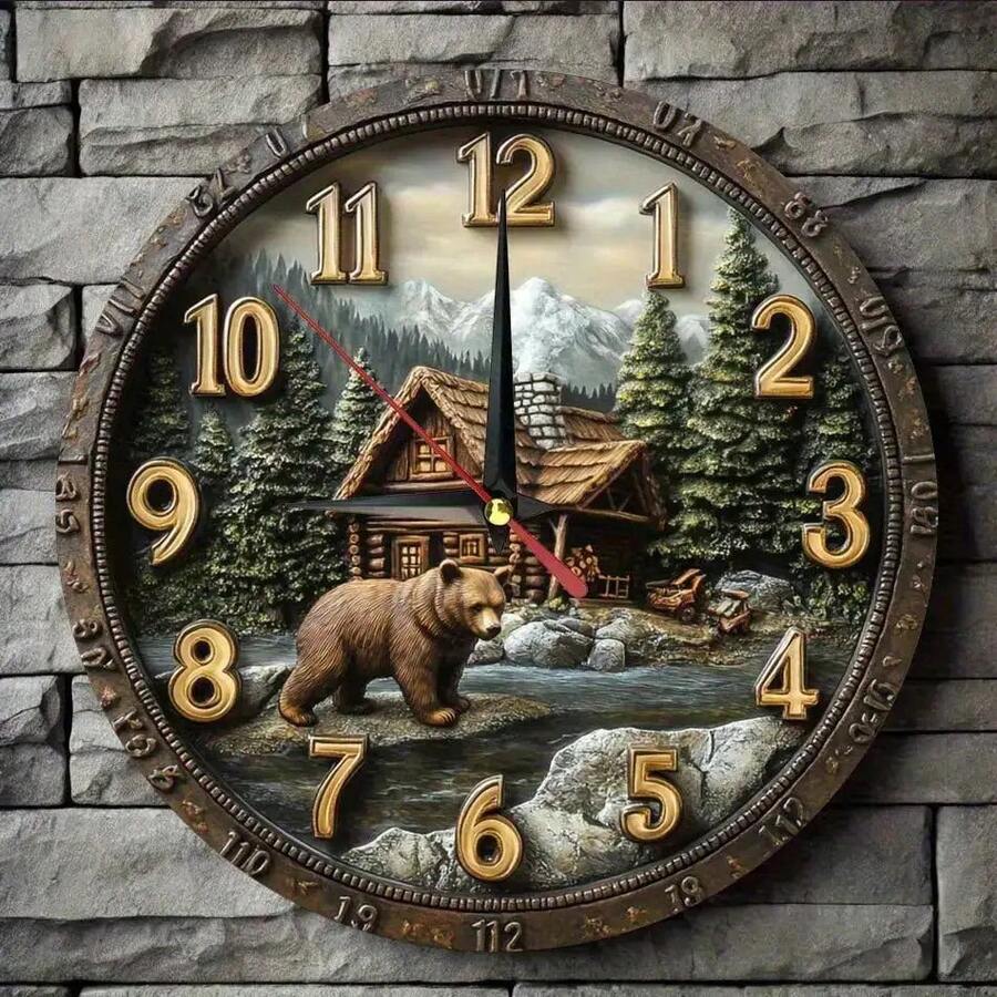 1pc 10 Inch Silent Wooden Wall Clock, Forest Black Bear & Wooden House, Wooden Frame, 2D Flat, AA Batteries Not Included, Decor For Home, Kitchen, Bathroom, Bedroom, Office, Holiday Gift,Wall Decor,Room Decor,Home Deocr,House Essentials,Picks