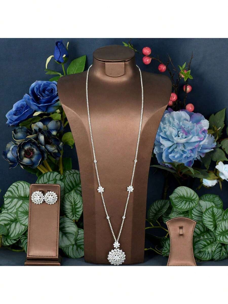 一套优雅的立方氧化锆向日葵装饰首饰套装，适合女性旅行佩戴 - 銀色 - 查看 1