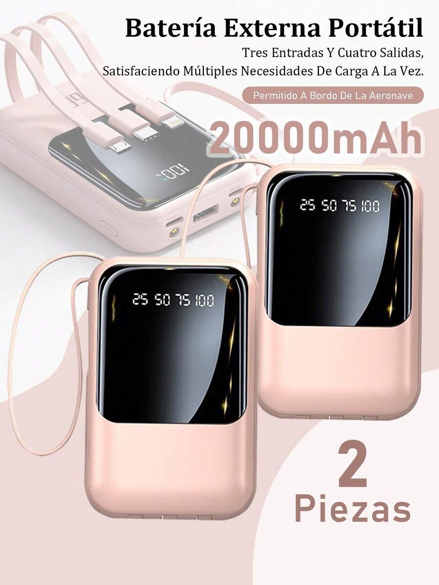 Banco de energía 20000mah carga rápida incorporada con pantalla digital de 4 cables Banco de energía externo portátil