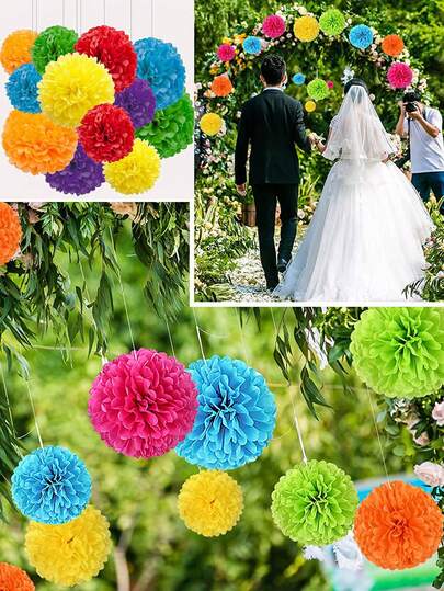 18pcs Colorful Paper Flowers Party Decorations, Colorful Paper Pom Poms, 6 Colors And Sizes Paper Flower Balls, Wedding Party Decor Paper Pom Poms, Birthday Party Background Decor, Suitable For Holidays, Anniversaries, Weddings, Valentine's Day And More