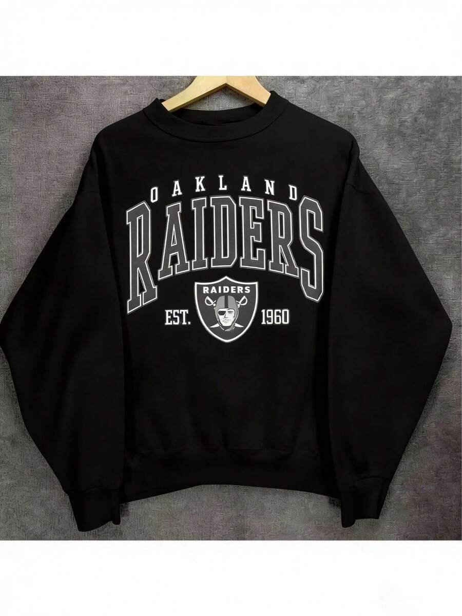 Oakland  Vintage Sweatshirts - 280g Cozy Cotton Blend Base Layer, 90s Football Sweater Sportwear, Casual Round Neck Long Sleeve Warm Pullover Tops For Spring / Fall / Winter, Gifts For Football Fan-Unisex Women & Men's Campus Daily Wear - 黑色 - 查看 1
