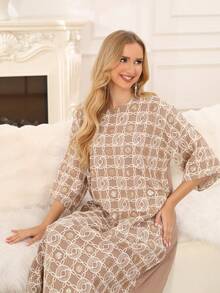 2026 New Style Elegant Embroidered Gold Beaded Arabic Dress, Ramadan Traditional Jalabia Dress With Round Neck & Mid-Sleeves - Beige - View 9