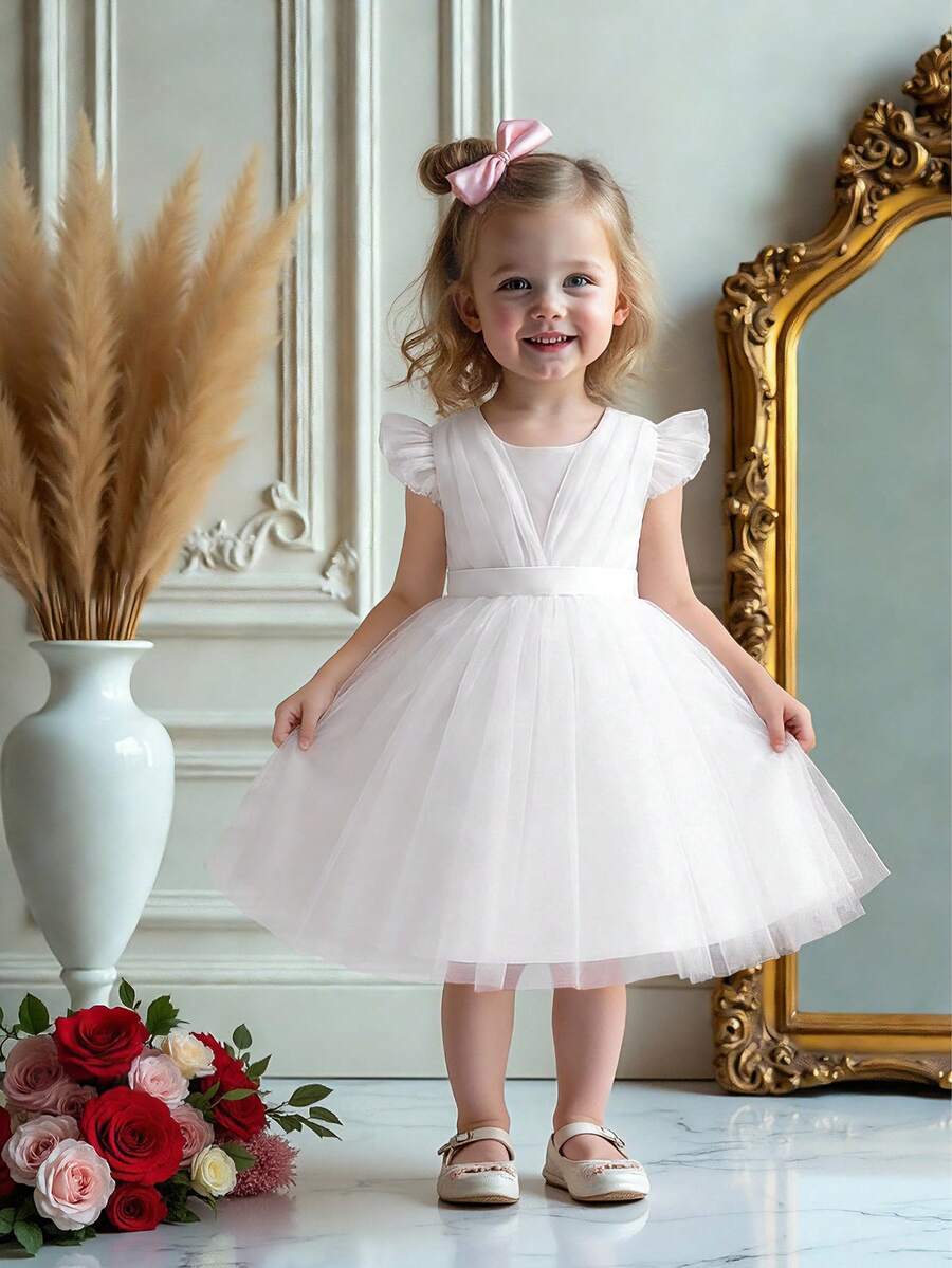 Baby Girls Ruffle Flutter Sleeve Backless Bow Mesh Cute Simple Wedding Flower Girl Princess Dress, Suitable For 1st Birthday Party, Banquet, Excludes Headband - White - View 1