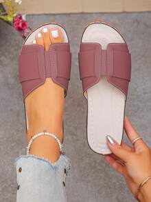 Plus Size Women's Summer New Fashion Casual Premium Burgundy PU Round Toe Wedge Heel Thick Sole Slide Sandals, Comfortable Slip-On Beach Slippers, Suitable For Daily Wear - Premium Wine Red PU - View 4