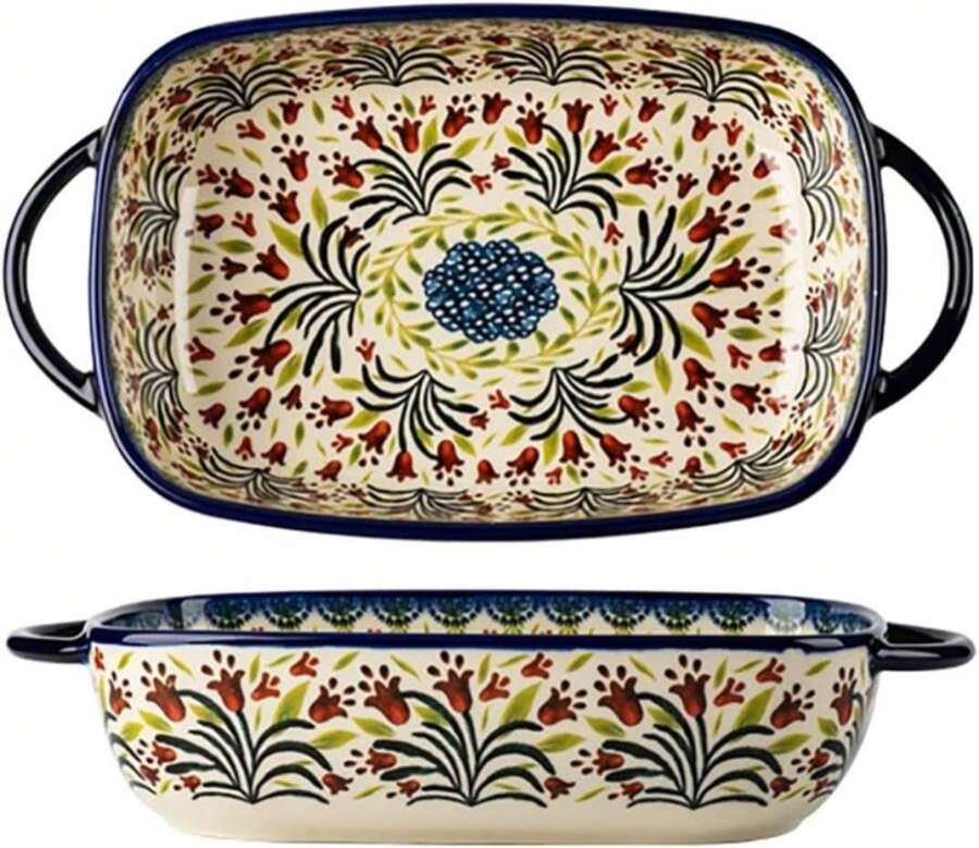 Bicuzat Vintage Style Tulip Flower Pattern Ceramic Bakeware Casserole Dish Baking Pan Lasagna Pans Baking Dish With Handles For Oven\/Cooking\/Kitchen-1 PCS-60 OZ - ColorH - 查看 1
