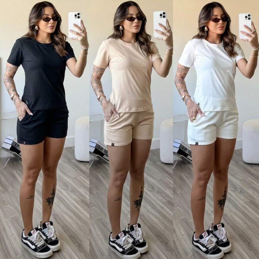 kit 3 conjunto feminino short feminino de moletom camiseta básica feminina blusa mais short de bolso blusa gola o - Preto.nude.off - Visão 1