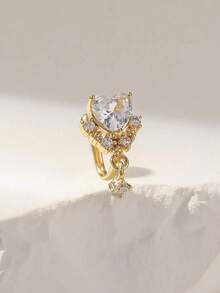 NKQR 1pc Fashionable Silver Plated Copper & Cubic Zirconia Heart Shape Clip-On Nose Ring, Suitable For Men & Women As Valentine, Christmas, Halloween Or Birthday Gift Valentines,Mom,Mother,Mother's Day,Gift - 黃金 - 查看 4
