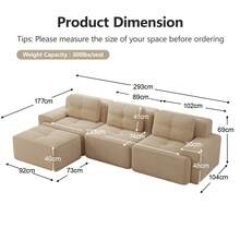 Living Room Sofa Made Of Corduroy, Boneless L-Shaped Sofa With Deep Seat, 3-Seater Modular Sofa With Ottoman, Corner Sofa For Living Rooms And Apartments, Assembly Not Included - Beige - View 3