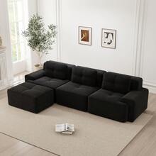 Living Room Sofa Made Of Corduroy, Boneless L-Shaped Sofa With Deep Seat, 3-Seater Modular Sofa With Ottoman, Corner Sofa For Living Rooms And Apartments, Assembly Not Included - 黑色 - 查看 2