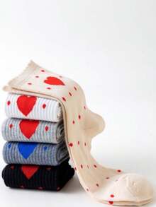5 pares de calcetines de media pantorrilla con diseños de corazones y lunares, cómodos y transpirables para uso diario en pareja - Multicolor - Ver 4