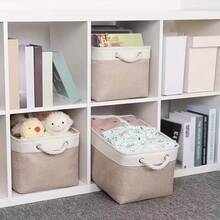 3sizes 1pc Foldable Desktop Storage Basket With Large Capacity And Handle For Toys Organizer, Linen Fabric Storage Basket For Dirty Clothes - White Spelled Khaki - View 3