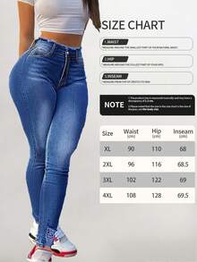 Plus Size High Waist Skinny Jeans For Women - Stretchy Slimming Denim Pants With Distressed Hem & Tapered Leg,  Ripped Detail - 深色水洗藍 - 查看 6
