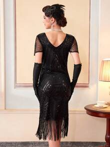 1920s Flapper Dress, Vintage Fringe Sequin Cocktail Dress With Accessories Set - Black - View 11