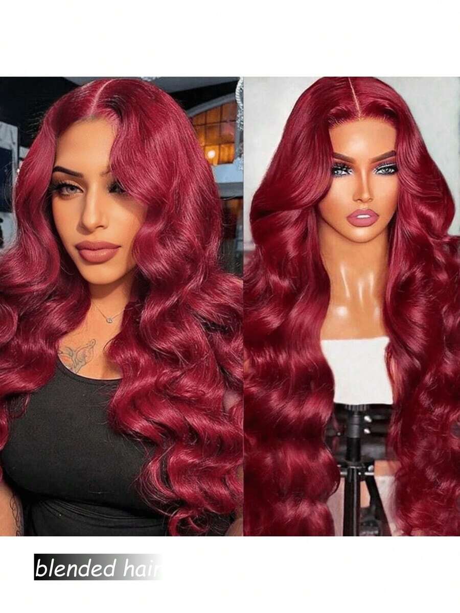 10-36Inch 180% Density Natural Black Color 13x4 Lace Front Wigs Human Blended Hair Body Wave HD Lace Front Wigs Human Blended Hair Pre Plucked With Baby Hair Natural Color Human Blended Hair Lace Frontal Wigs For Women 99J Burgundy - S99J/BUG - View 1