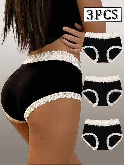 3条装蕾丝拼接无缝内裤，蕾丝内衣，舒适透气速干柔软面料，时尚全包臀女士内裤