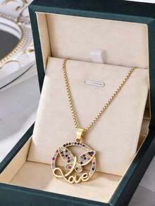 1pc Geometric Circle & Butterfly Pendant Necklace, Unique Design, INS Style Fashion Jewelry, Versatile For Daily And Commute (OPP Bag Packaging)