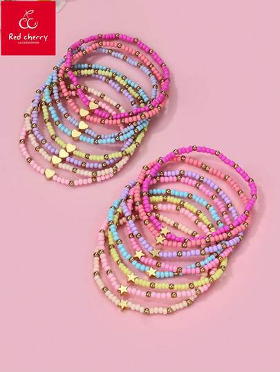 8pcs/Set Colorful Acrylic Beaded Bracelet With Star & Heart Zinc Alloy Charms, Suitable For Teenage Girls Casual Wear