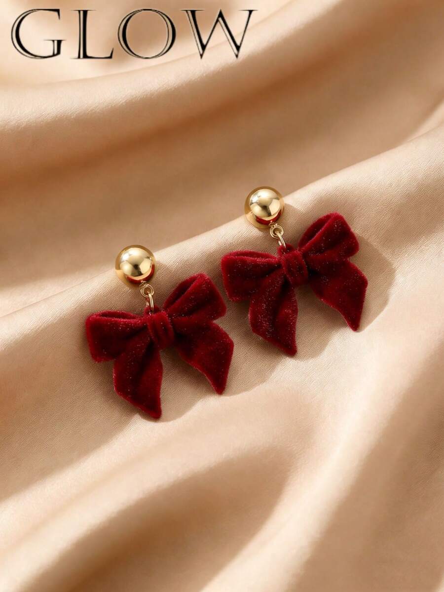 一对红色毛绒蝴蝶结金属耳环，可爱、甜美、温柔、复古、时尚、优雅风格，适合年轻女孩在新年、圣诞节、日常场合和节日佩戴。 - 紅色 - 查看 1