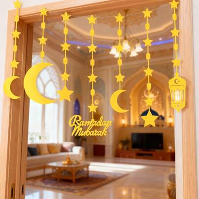 EID Star & Moon Hanging Pennant Set, Non-Woven Fabric Bunting Garland For Party Decoration, Banner Background
